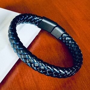 Blue Braided Leather Bracelet with Magnetic Closure